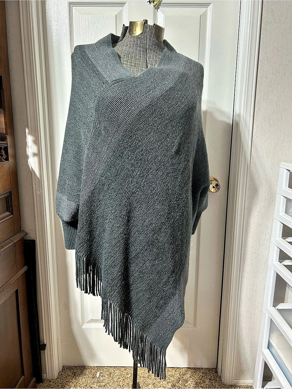 Boho Gray Fringe Poncho With Sleeves Like New